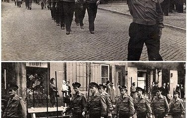 Poch&oacute;d 1 Majowy na Rynku w Kętach 1959 r. lub 1960 r. Na zdjęciach zawodowa Straż Pożarna ZML Kęty. Poch&oacute;d prowadzi Karol Piecha. Nadesłane przez Tadeusza Piechę (syna).