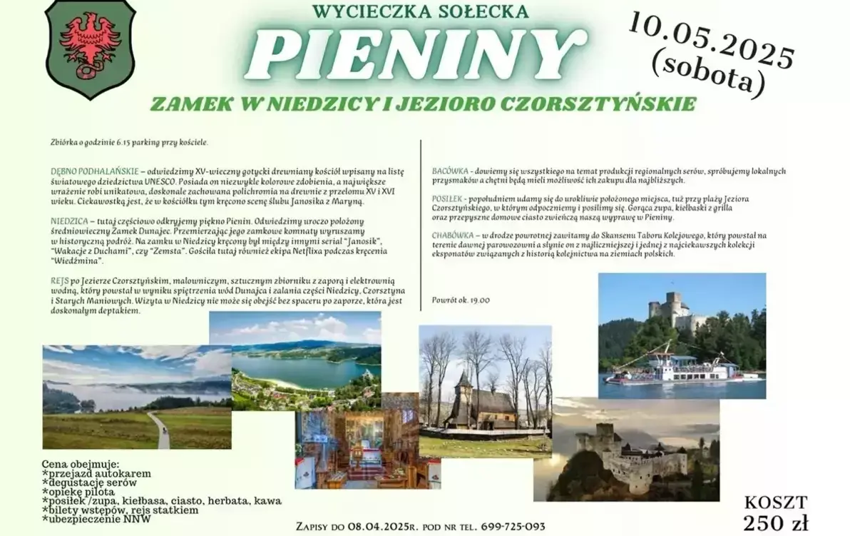 Plakat informacyjny zawierający nagłowek "wycieczka sołecka Pieniny", datę 5 maja 2025 oraz opis atrakcji i zdjęcia je ilustrujące