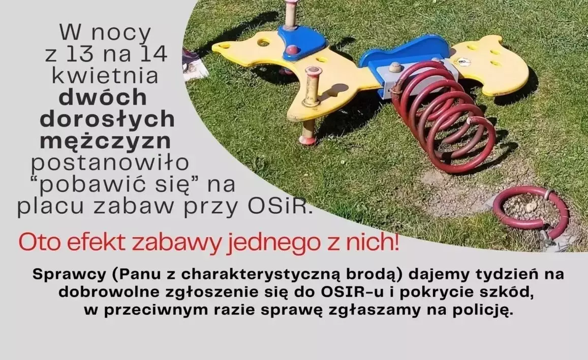 Zdjęcie połamanej huśtawki oraz tekst opisujący przebieg zdarzenia wraz z apelem do sprawcy, by zgłosił się sam i pokrył szkody