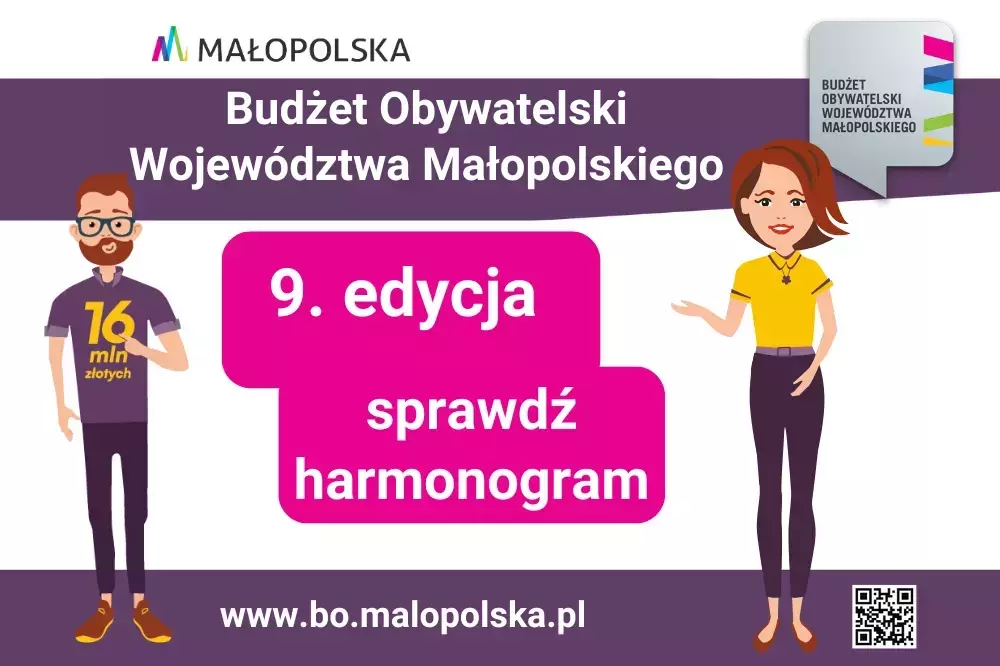 Grafika promująca 9. edycję Budżetu Obywatelskiego Województwa Małoplskiego: Rysunkowi mężczyzna i kobietam pośrodku napis "9. edycja sprawdź harmonogram", powyżej napis "Budżet Obywatelski Województwa Małoplskieg" i logotyp Małopolski, u dołu adres "www.