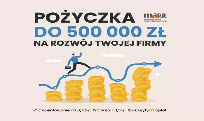 Grafika przedstawiająca postać z neseserem przeskakująca z jeden wieży złożonej z monet na drugą, powyżej napis "Pożyczka do 500000 na rozwój twojej firmy" i logotyp Małopolskiej Agencji Rozwoju Regionalnego S.A.