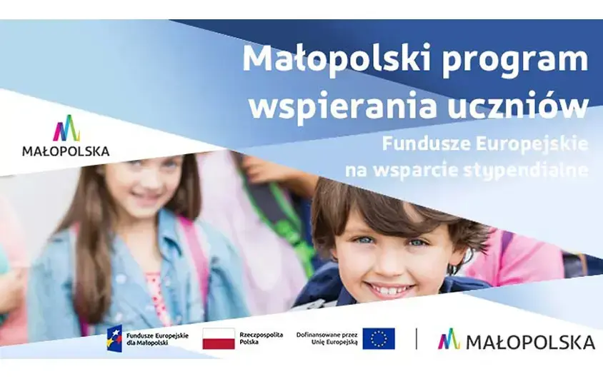 biało-niebieskie gradientowe przejście w prawym górnym rogu, w dole zdjęcie dzieci, na dolnej belce białej loga Unii i UMWM, w górnym prawym rogu nazwa projektu MAŁOPOLSKI PROGRAM WSPIERANIA UCZNIÓW