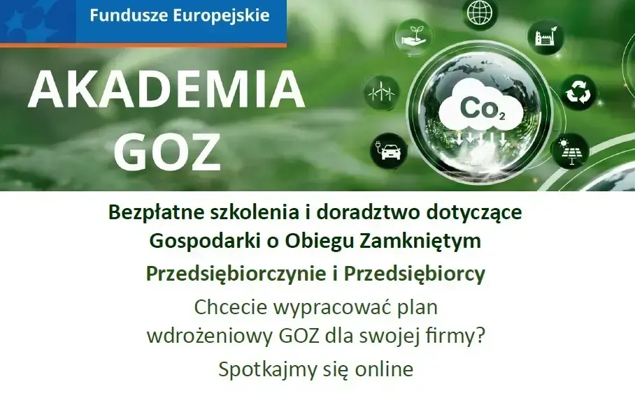 Grafika z ikonami związanymi z ekologią (chmura z napisem CO2, samochód elektryczny, wiatraki, panele słoneczne) na zielonym tle, obok napis "Fundusze Europejskie Akademia GOZ", poniżej info o bezpłatnym szkoleniu