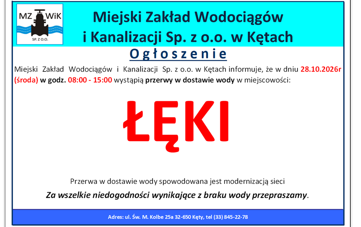 komunikat wodociągów o przerwie w dostawie wody - na górze błękitna belka z logiem kęckiego mzwik, w środku biała plansza z dużym czerwonym napisem ŁĘKI w środku oraz informacje dodatkowe, na dole niebieska belka z adresem 