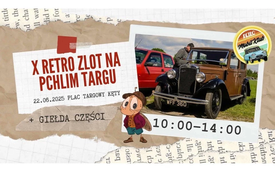 Napis: "IX Retro zlot na Pchlim Targu", data: 25 maja 2025, miejsce: Plac Targowy Kęty, obok rysunek świerszcza i zdjęcie zabytkowego samochodu oraz logo RETRO MOBIL KLUB
