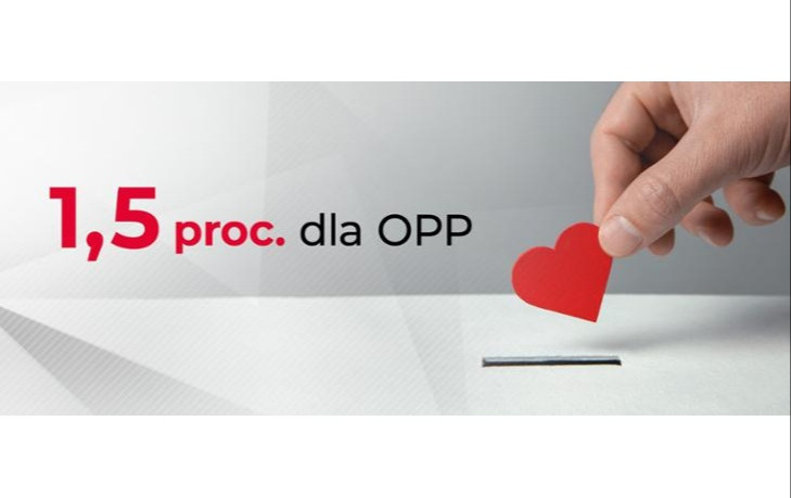 Serduszko w dłoni i napis: 1,5 procent dla OPP