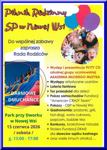 Zapraszamy na piknik rodzinny Szkoły Podstawowej w Nowej Wsi