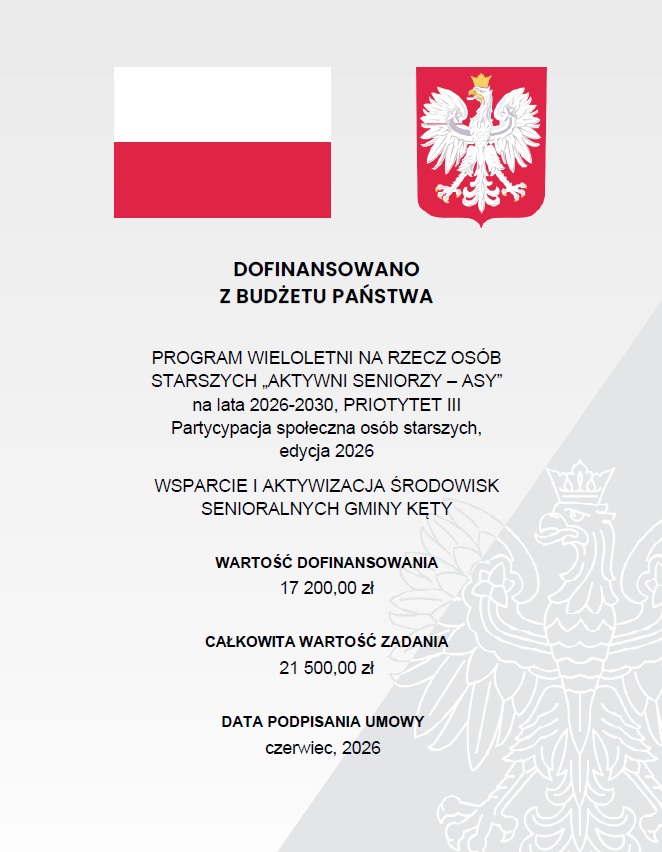 ASY Plakat informacyjny o dofinansowaniu projektu Wsparcie i aktywizacja środowisk senioralnych Gminy Kęty z budżetu państwa w ramach programu Aktywni Seniorzy ASY