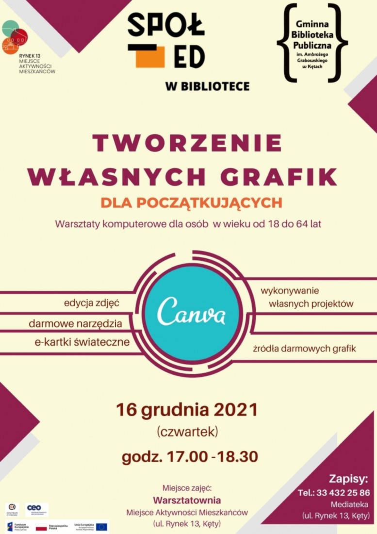 Plakat promujący warsztaty komputerowe pt. Canva – tworzenie własnych grafik dla początkujących 