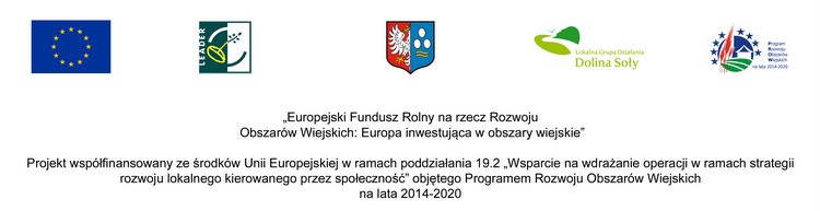 Belka informująca o realizacji projektu ze środków Unii Europejskiej, zawierająca logotypy Leader, LGD Dolina Soły, PROW oraz herb Gminy Kęty i flagę Unii Europejskiej