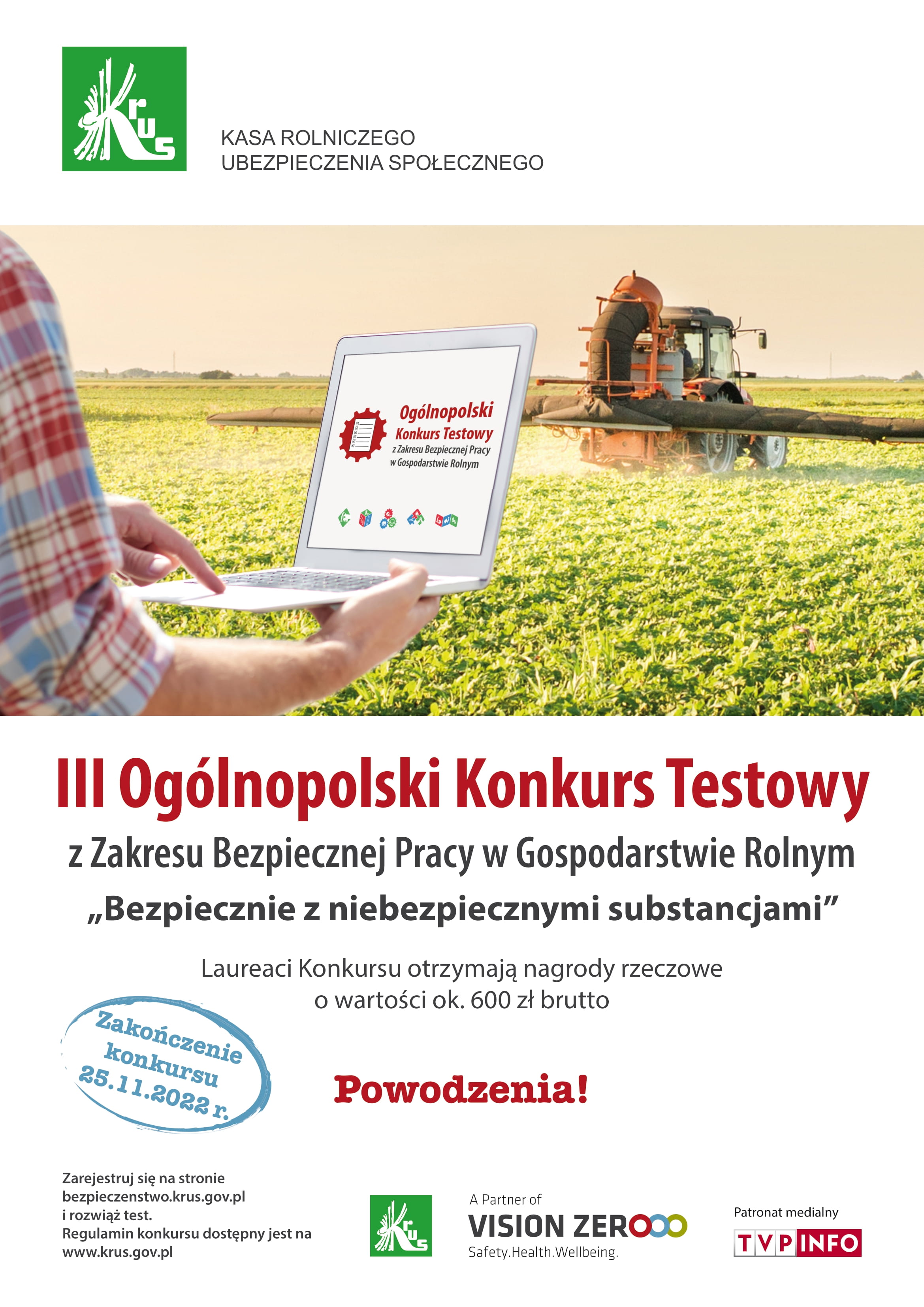 Plakat informacyjny dotyczący konkursu KRUS na temat Zasad ochrony zdrowia i życia w gospodarstwie rolnym