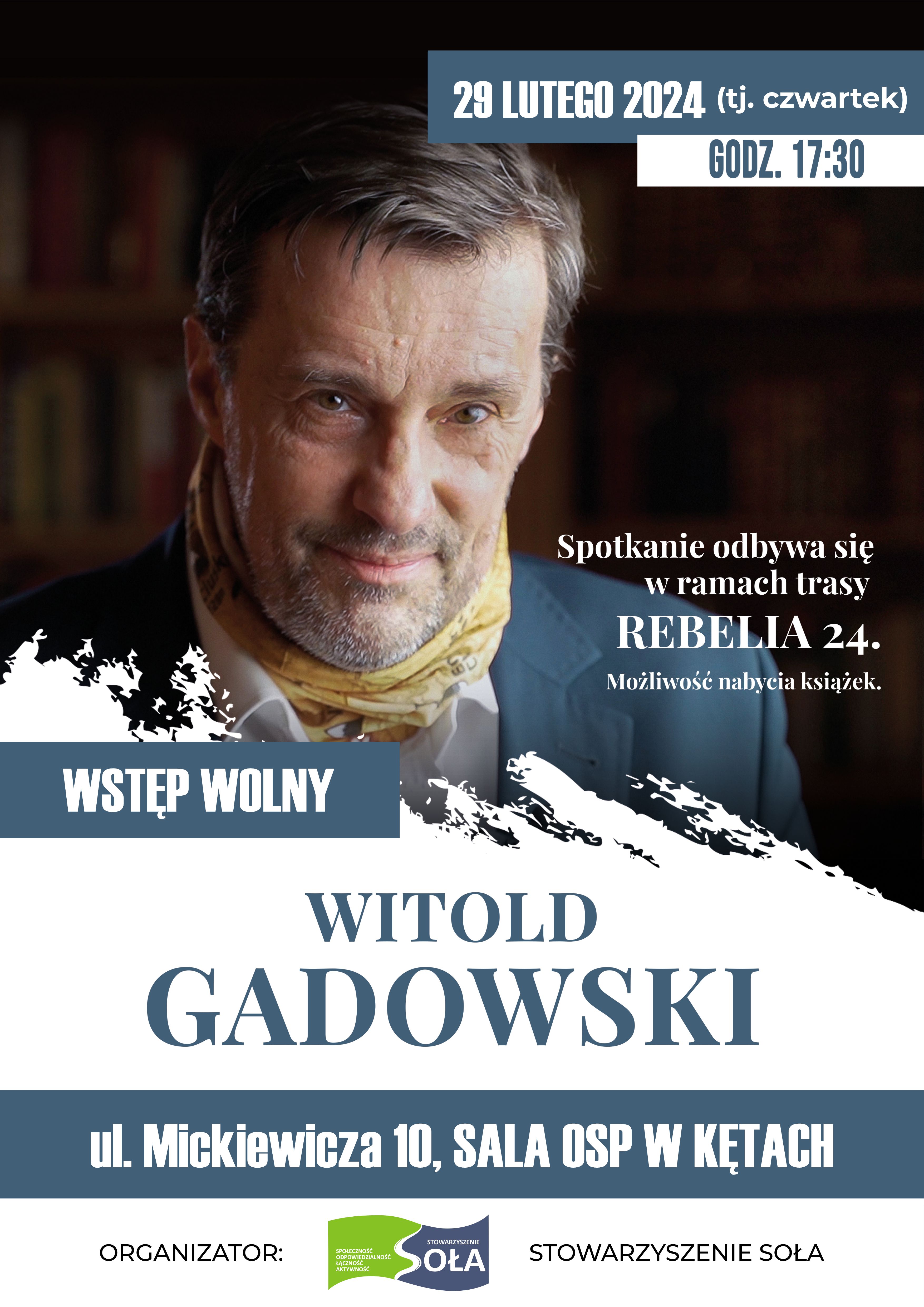 Plakat promujący spotkanie z Witoldem Gadowskim