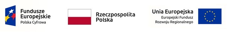 Trzy znaki graficznej ustawione obok siebie w jednej linii - Fundusze Europejskie Polska Cyfrowa, Flaga Polski i podpis rzeczpospolita Polska, Unia Europejska Europejski Fundusz Rozwoju Regionalnego