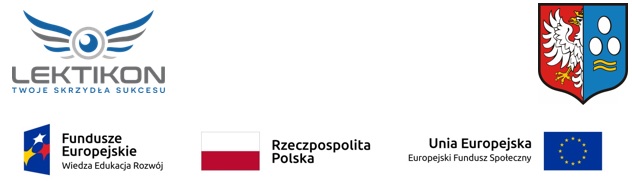 Zespół znaków graficznych: logo Lektikon, herb Gminy Kęty a poniżej Fundusze Europejskie, Rzeczpospolita Polska orazUnia Europejska