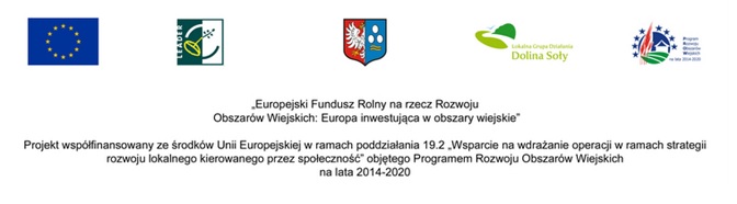 Belka informująca o realizacji projektu ze środków Unii Europejskiej, zawierająca logotypy Leader, LGD Dolina Soły, PROW oraz herb Gminy Kęty i flagę Unii Europejskiej