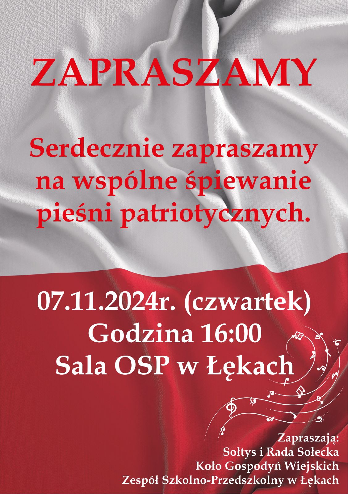 Wspólne śpiewania pieśni patriotycznych w Łękach - plakat