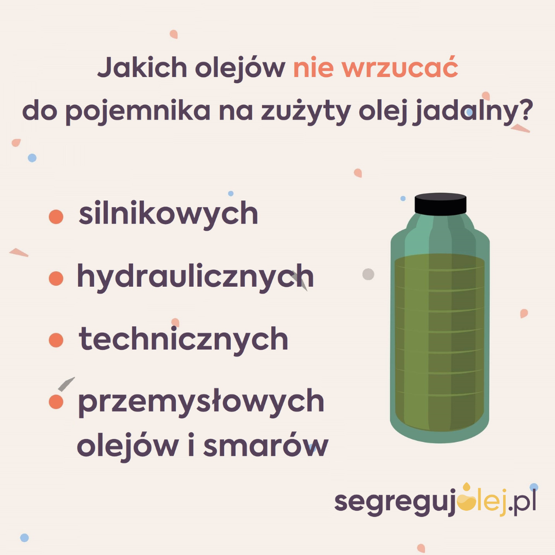 Infografika przedstawiająca jakich olejów nie wrzucac do pojemników do segregacji