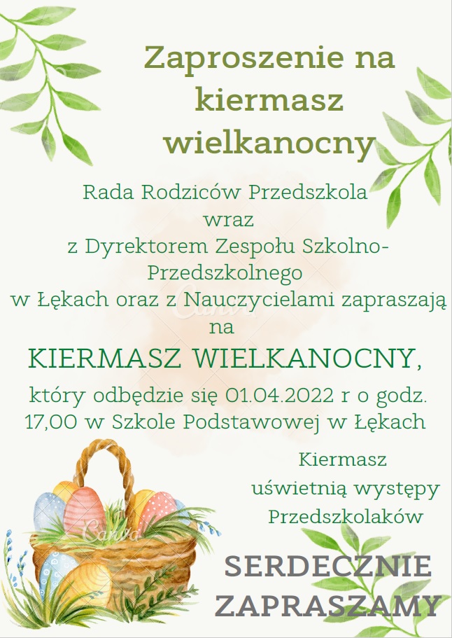 Plakat promujący Kiermasz Wielkanocny ZSP w Łękach, który odbędzie się 1 kwietnia o godz. 17:00 w ZSP w Łękach.