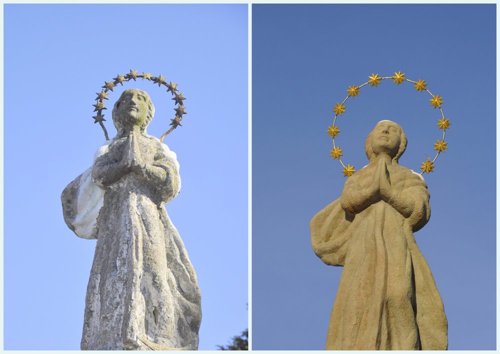 Kolaż zdjęć przedstawiający fogure Maryi przed remontem oraz o jego wykonaniu