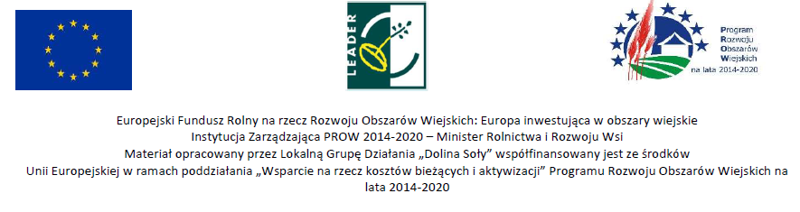 Belka informująca o realizacji projektu ze środków Unii Europejskiej, zawierająca logotypy PROW, Osi LEADER oraz flagę Unii Europejskiej