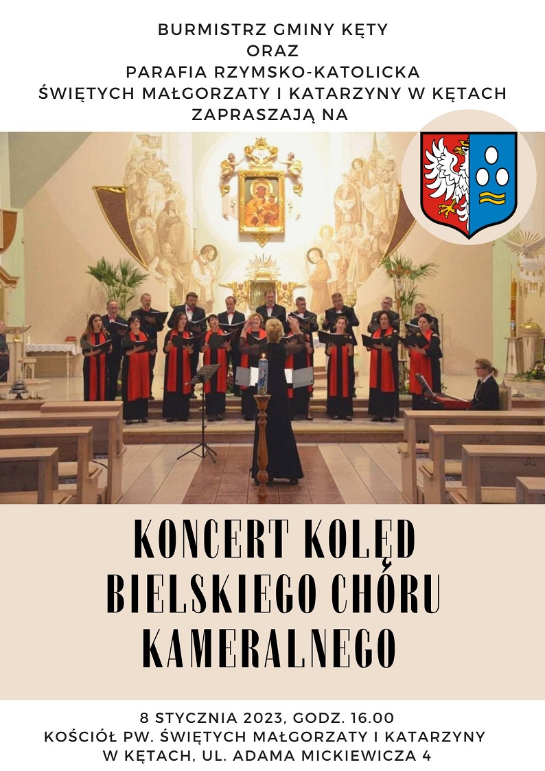 Plakat promocyjny koncertu kolęd „Witaj Jezu Narodzony” w wykonaniu Bielskiego Chóru Kameralnego, działającego przy Bielskim Centrum Kultury, który odbędzie się 8 stycznia 2023 r. o godz. 16.00 w kościele parafialnym.