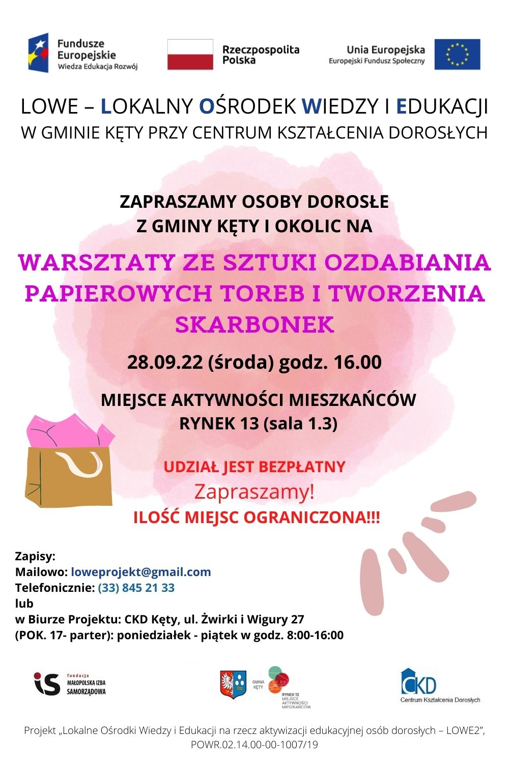 Plakat promujący warsztaty z ozdabiania papierowych toreb oraz tworzenia skarbonek, które odbędą się w środę 28 września o 16:00 w Miejscu Aktywności Mieszkańców Rynek 13, sala 1.3.