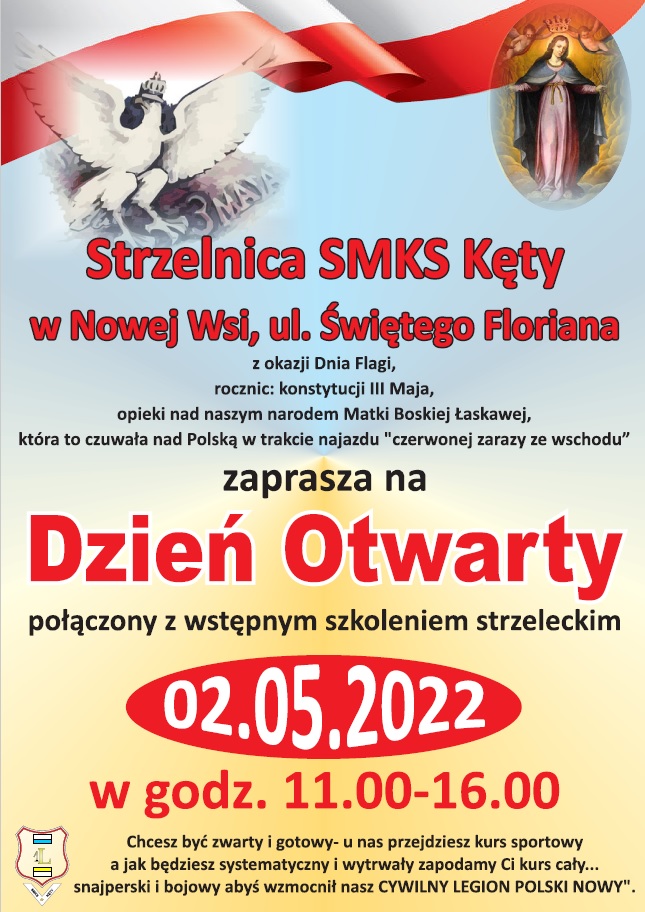 Plakat promujący Dzień otwarty na strzelnicy SMKS Kęty, informujący o szczegółach wydarzenia, w tym dacie - 2 maja - oraz godzinach - od 11:00 do 16:00.