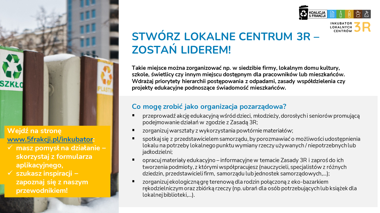 Plakat zatytułowany "Stwórz lokalne Centrum 3R - Zostań Loiderem", zawierający instrukncję dla organizacji pozarządowych oraz odnoscik do strony www.5frakcji.pl/inkubator