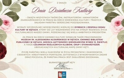 Zdjęcie do Życzenia Burmistrza Gminy Kęty z okazji Dnia Działacza Kultury
