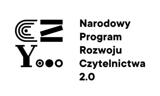 Czarnobiały logotyp składający się z liter CZY i wielokropka oraz podpisu "Narodowy Program Rozwoju czytelnictwa 2.0"