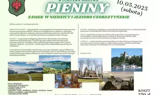 Plakat informacyjny zawierający nagłowek "wycieczka sołecka Pieniny", datę 5 maja 2025 oraz opis atrakcji i zdjęcia je ilustrujące