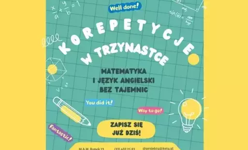 Napis 'Korepetycje w Trzynastce' i elementy graficzne takie jak równania matematyczne i wzory oraz hasła w języku angielskim