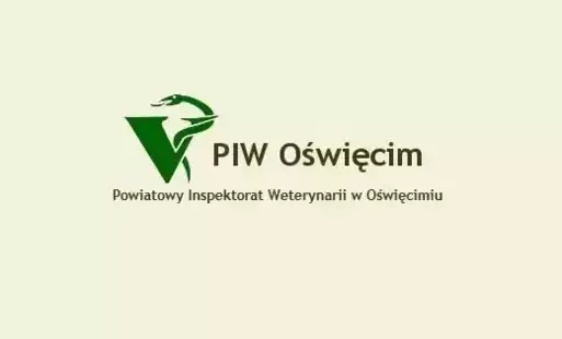 Logotyp Powiatowego Inspektoriatu Weterynarii: duża litera V, wokół niej owinięty wąż, napis: PIW Oświęcim