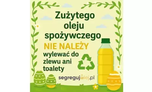 Wielkanocna grafika z hasłem 'Zuzytego oleju spozywczego nie nalezy wylewać do zlewu ani toalety' oraz rysunkami pisanek, butelek z olejem i logotypem akcji segregujolej.pl