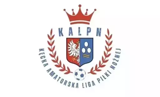 Logotyp Kęckiej Amatorskiej Ligi Piłki Nożnaje: Herb Gminy Kęty, powyżej napis "KALPN", nad nim czerwona korona, poniżej herbu dwa laury