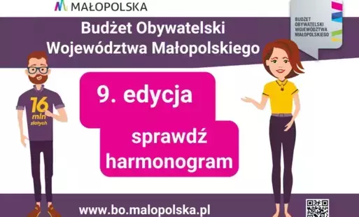 Grafika promująca 9. edycję Budżetu Obywatelskiego Województwa Małoplskiego: Rysunkowi mężczyzna i kobietam pośrodku napis "9. edycja sprawdź harmonogram", powyżej napis "Budżet Obywatelski Województwa Małoplskieg" i logotyp Małopolski, u dołu adres "www.