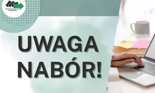 Napis "Uwaga nabór", logotyp PUP Oświęcim i grafika przedstawiająca dłoń na klawiaturze laptopa