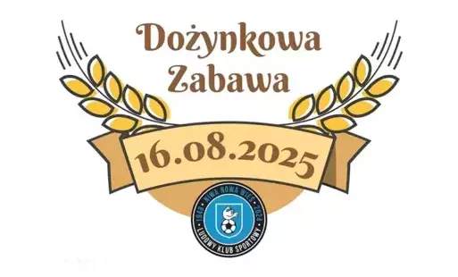 na białym tle brązowymi literami napis dożynkowa zabawa - pod spodem baner z dwoma kłosami zbóż i ozdobną wstążką w kolorze kremowożółtym. na banerze napisana jest data 16.08.2025 i pod spodem logo klubu LKS Niwa Nowa Wieś