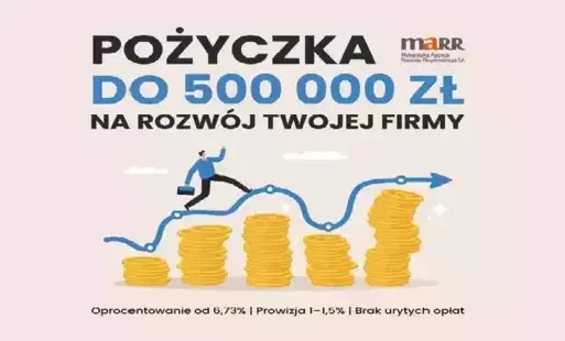 Grafika przedstawiająca postać z neseserem przeskakująca z jeden wieży złożonej z monet na drugą, powyżej napis "Pożyczka do 500000 na rozwój twojej firmy" i logotyp Małopolskiej Agencji Rozwoju Regionalnego S.A.