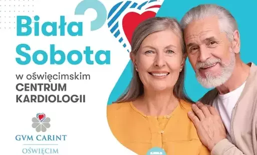 na białym tle po lewej stronie niebieskimi literami napis Biała Sobota, pod spodem dopisek w oświęcimskim centrum kardiologii i logo gvm carint, po prawej stronie na niebieskim tle starsza para - pani w żółtej koszulce i pan w beżowej koszuli, oboje uśmie