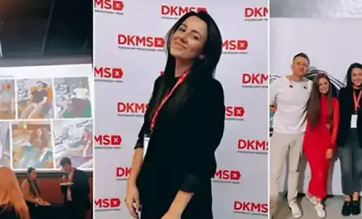 trzy zdjęcia obok siebie, w centralnym na tle ścianki dkms stoi pani miranda pierściecka, po prawej i lewej inne zdjęcia, na których są inni uczestnicy