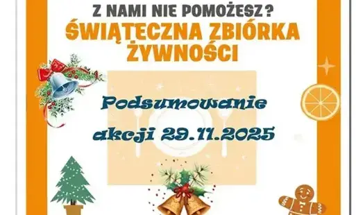 na bladopomarańczowym i białym tle pomarańczowymi napisami świąteczna zbiórka żywności, po lewej i prawej dwa pionowe pomarańczowe paski z ozdobami - choinka, pomarańcza, piernik itd
