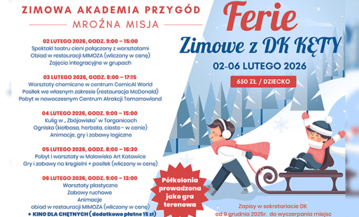 miniatura przedzielona na pół, na białej części z lewej jest plan wydarzeń, na prawej niebieski obrazek z dziećmi bawiącymi się na sankach