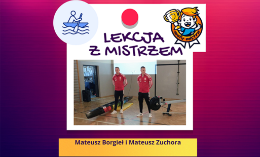 na gradientowym fioletoworóżowym tle jest zdjęcie mistrzów świata w kajakarstwie w białej ramce z podpisem lekcja z mistrzem