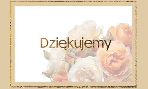beżowobrązowe passse partout ze złotą ramką, na białym tle w środku w prawym dolnym rogu są róże herbaciane i pomarańczowe i w środku złocony napis dziękujemy