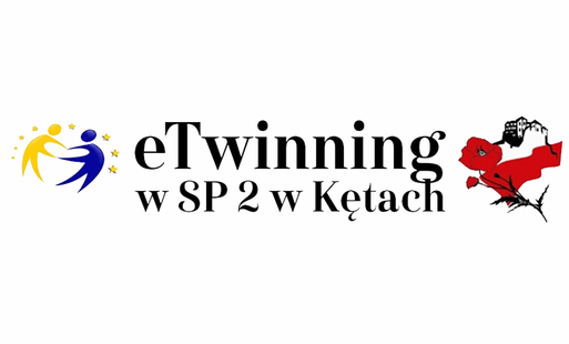 po lewej belka projektowa żółtoniebieska - dwa ludziki wyciągające do siebie ręce - w srodku tytuł etwinning w sp 2 w kętach, po prawo biało-czarno-czerwone logo z makiem i flagą polski