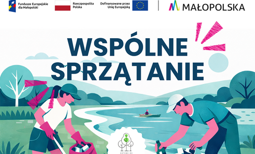 na górze belki projektowe, w dole napis wspólne sprzątanie granatowymi literami, pod spodem zielono-różowo-niebieska grafika w stylu minimalistycznym prezentująca ludzi sprzątających śmieci w otoczeniu