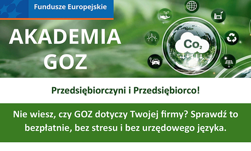 na zielonym tle z kroplą wody logo funduszy europejskich, biały napis akademia goz, pod spodem na białej belce informacja do kogo kierowany jest projekt, pod spodem na zielonym informacje o projekcie