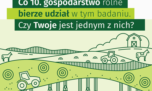 na zielonym jasnym tle napis na zakreślaczu zielonym co 10. gospodarstwo rolne bierze udział w tym badaniu. czy twoje jest jednym z nich> na dole prosta infografika traktora i pól oraz gospodarstwa