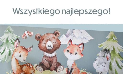 miniatura - zwierzątka na szarym tle, na górze białe tło i nais wszystkiego najlepszego